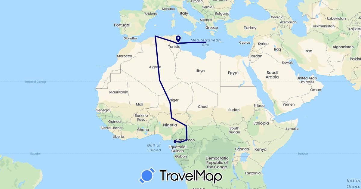 TravelMap itinerary: driving in Cameroon, Algeria, Niger, Nigeria, Tunisia (Africa)
